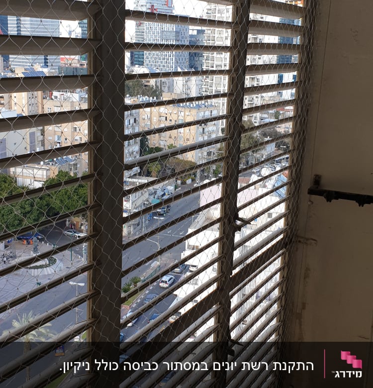 רשת מתכת על חלון למניעת כניסת יונים